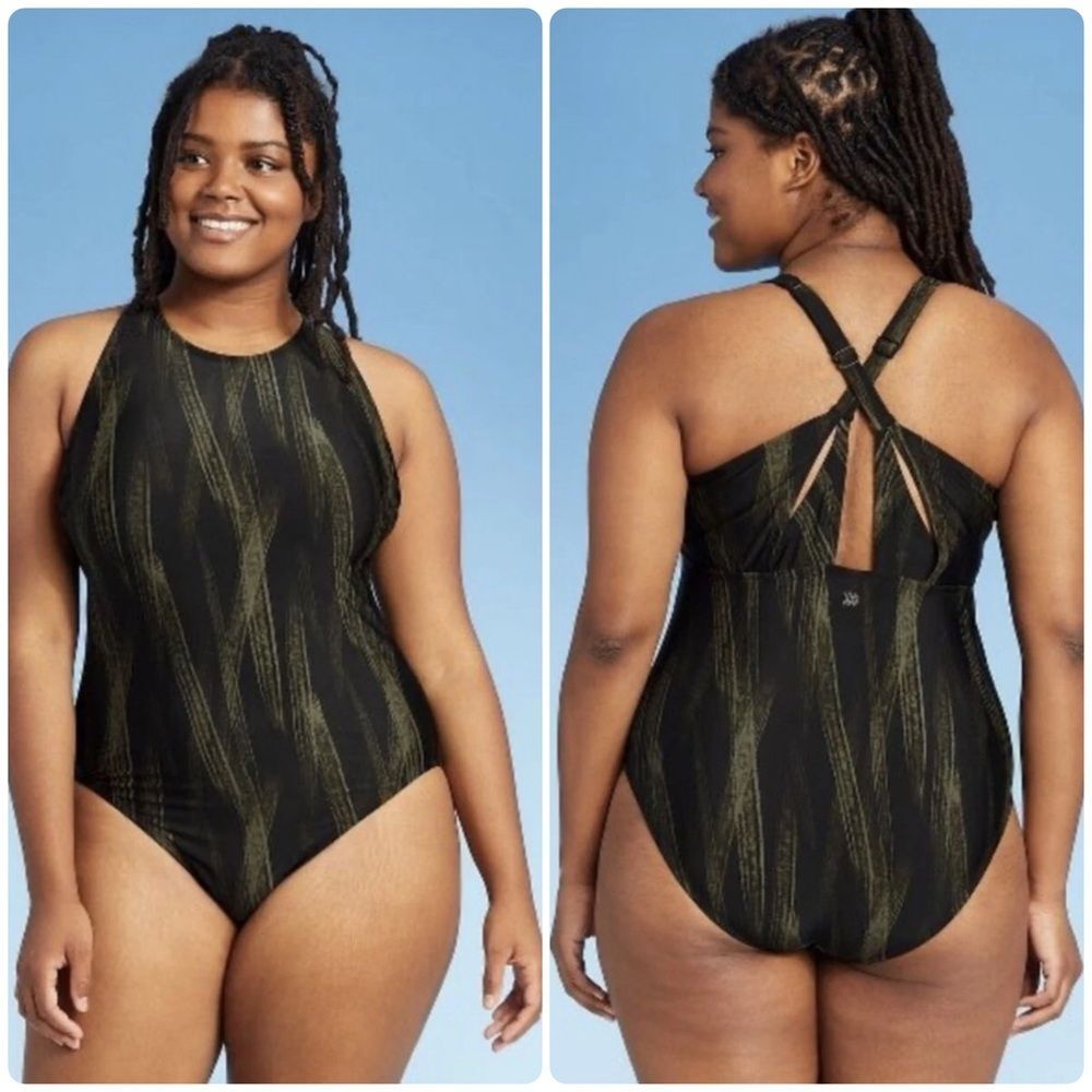 All in Motion black and olive green strappy back one piece swimsuit size large